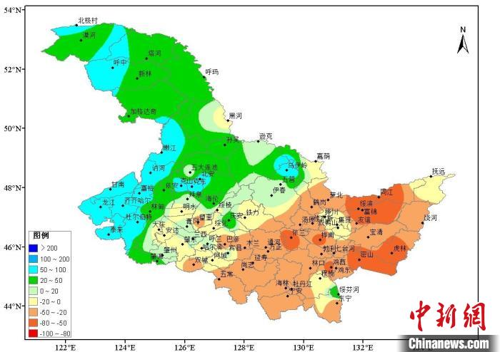 黑龙江省2021年6月1日至8月15日降水量距平百分率分布图(%)。　黑龙江省气象局供图