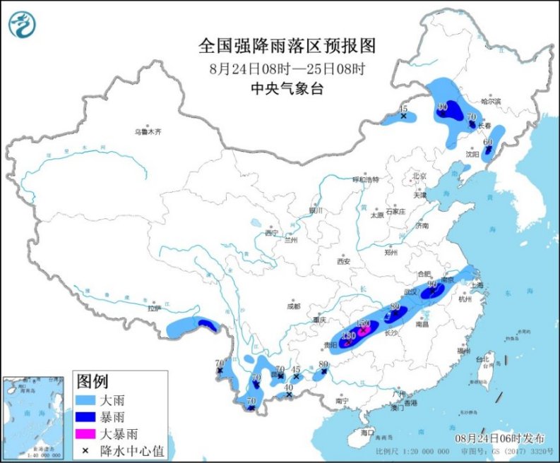 图1 全国强降雨落区预报图(8月24日08时-25日08时)