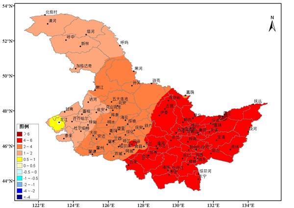 黑龙江省2021年7月下旬气温距平分布图(℃)

