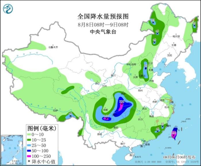 全国降水量预报图(8月8日08时-9日08时)