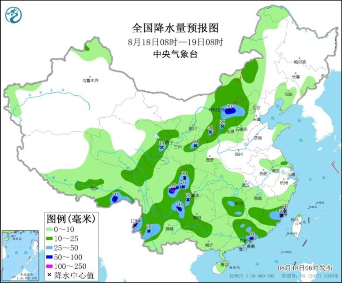 全国降水量预报图(8月18日08时-19日08时)