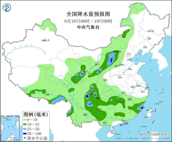 全国降水量预报图(8月18日8时-19日8时)