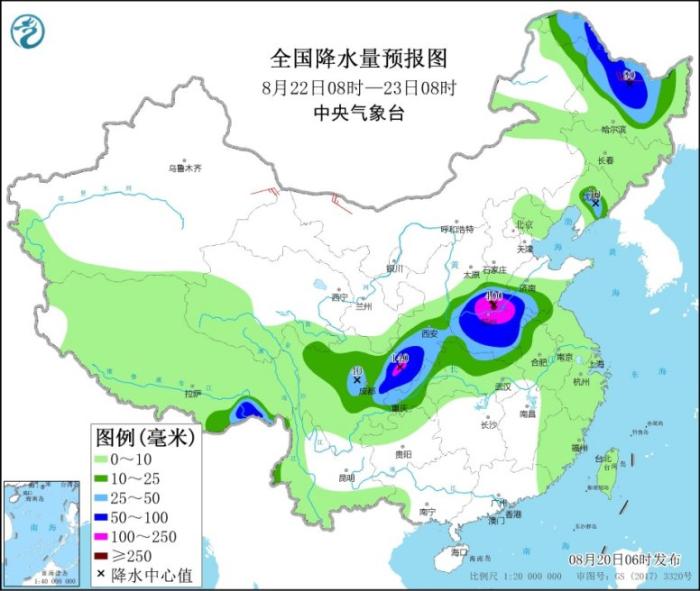 全国降水量预报图(8月22日8时-23日8时)