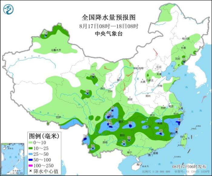 全国降水量预报图(8月17日8时-18日8时)