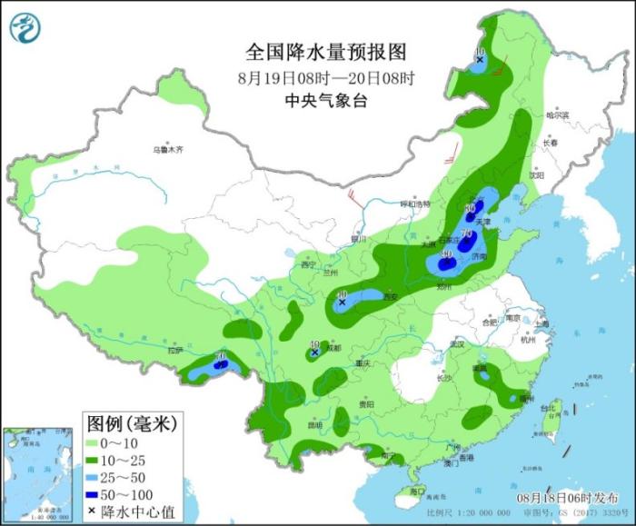 全国降水量预报图(8月19日08时-20日08时)