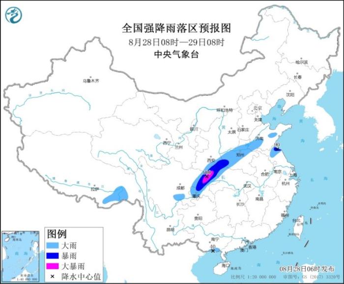 图1 全国强降雨落区预报图(8月28日08时-29日08时)