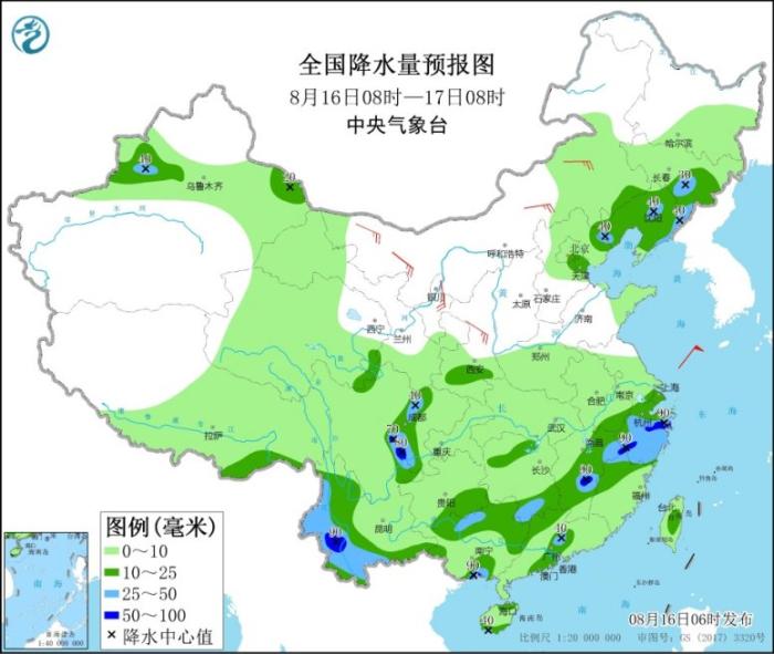 全国降水量预报图(8月16日8时-17日8时)