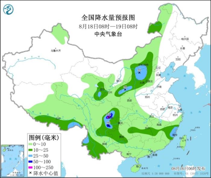 全国降水量预报图(8月18日8时-19日8时)