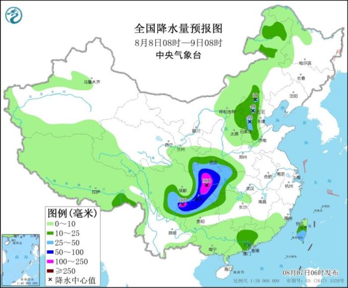 图4 全国降水量预报图(8月8日08时-9日08时)