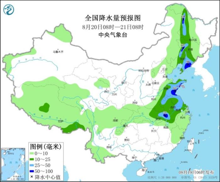 全国降水量预报图(8月20日8时-21日8时)