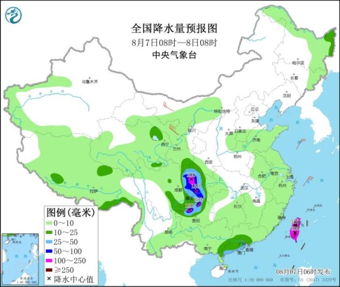 图3 全国降水量预报图(8月7日08时-8日08时)