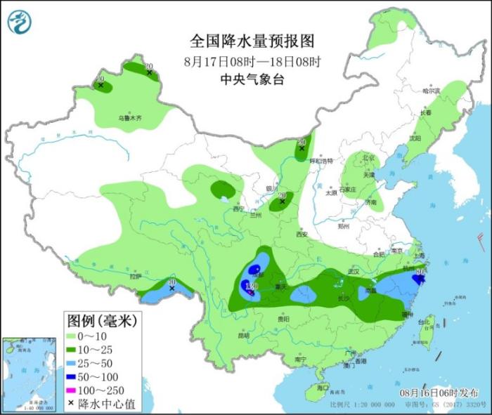 全国降水量预报图(8月17日8时-18日8时)