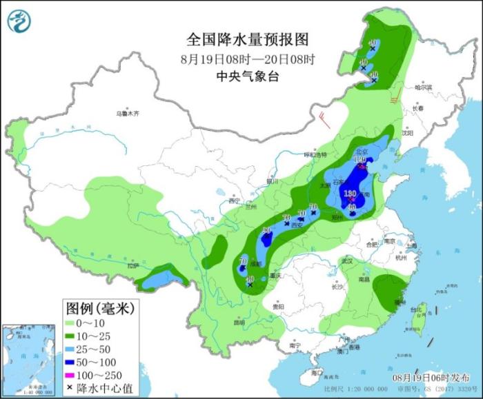 全国降水量预报图(8月19日8时-20日8时)