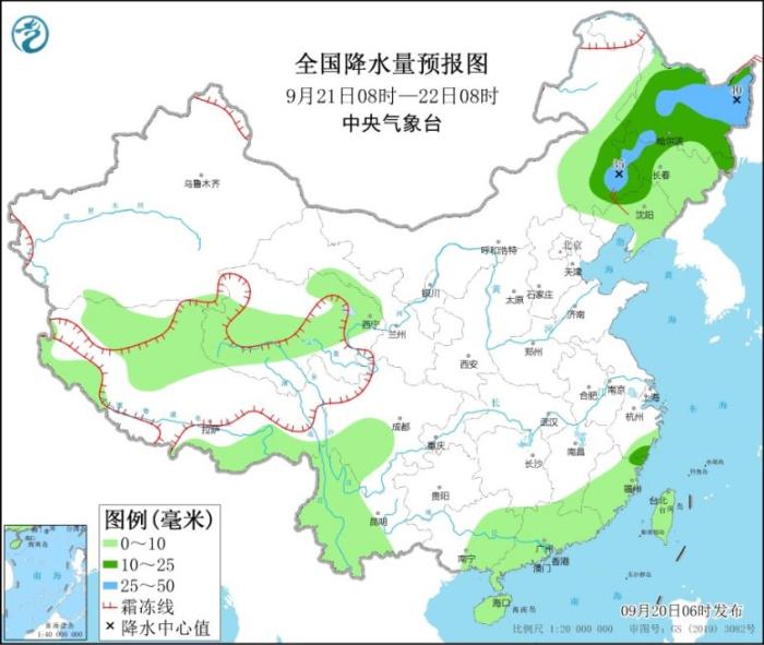 图3 全国降水量预报图(9月21日08时-22日08时)