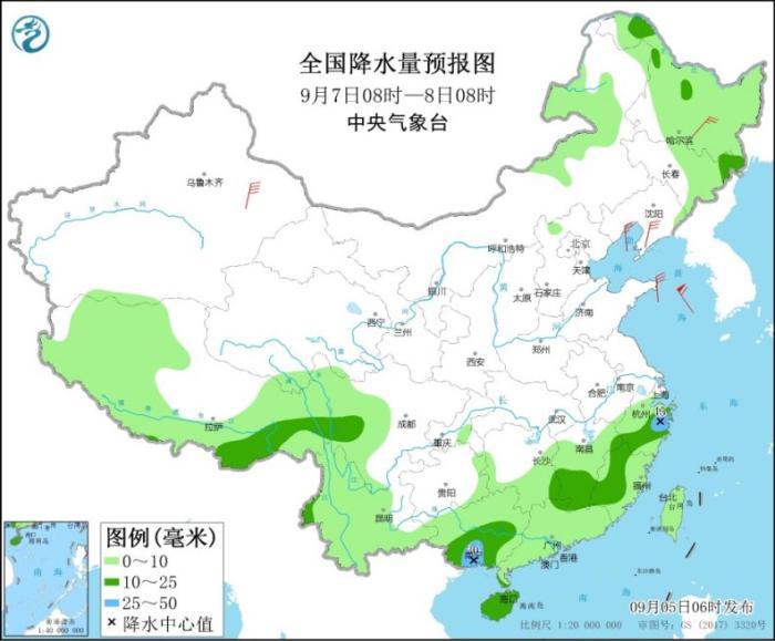 全国降水量预报图(9月7日08时-8日08时)