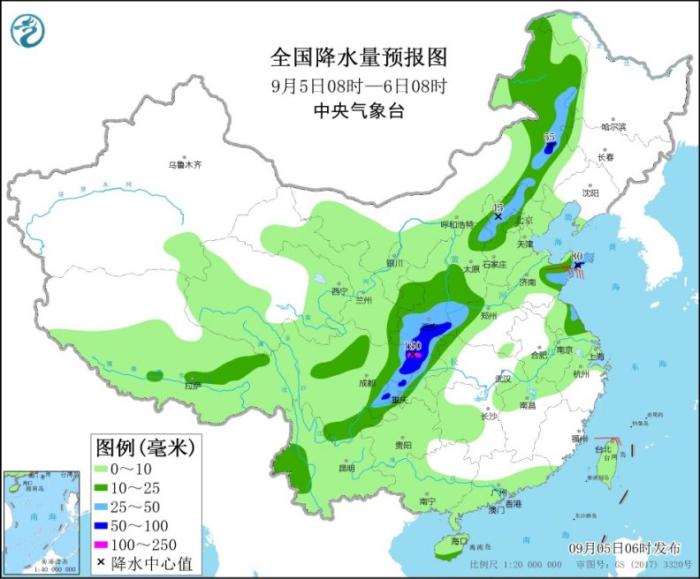 全国降水量预报图(9月5日08时-6日08时)