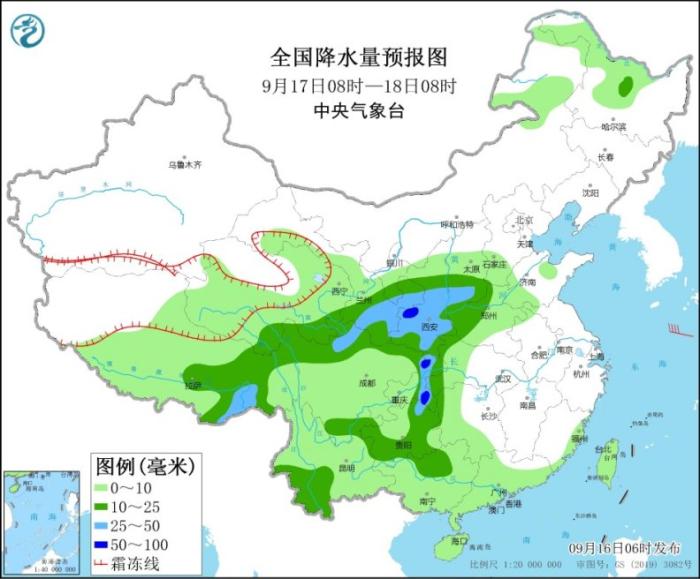 全国降水量预报图(9月17日8时-18日8时)