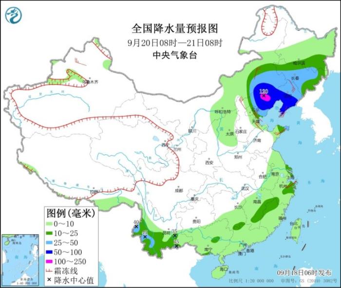 全国降水量预报图(9月20日8时-21日8时) 