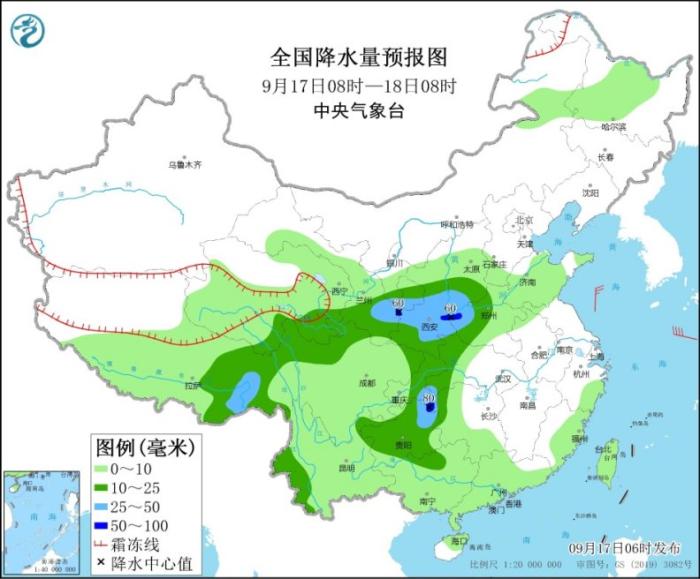 全国降水量预报图(9月17日8时-18日8时)