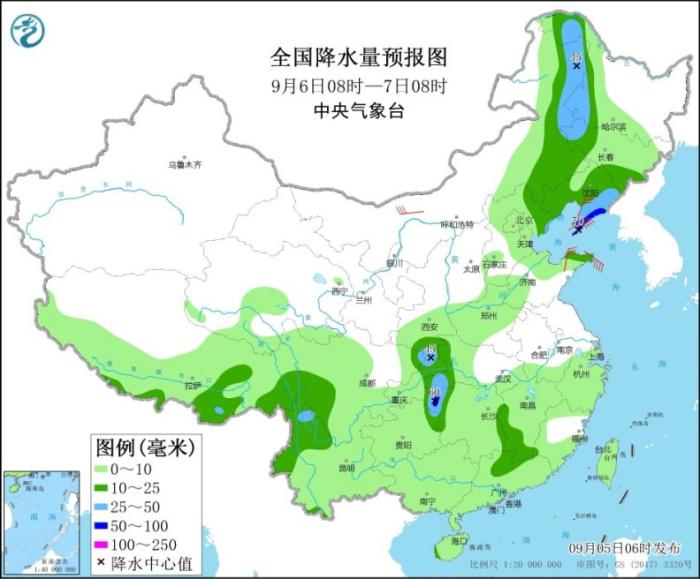 全国降水量预报图(9月6日08时-7日08时)