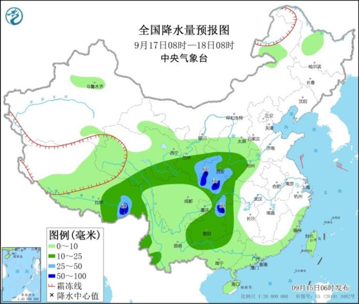 全国降水量预报图(9月17日8时-18日8时)