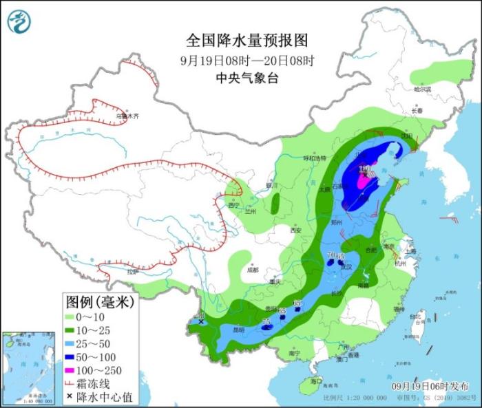 全国降水量预报图(9月19日08时-20日08时)