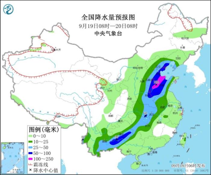 全国降水量预报图(9月19日8时-20日8时)