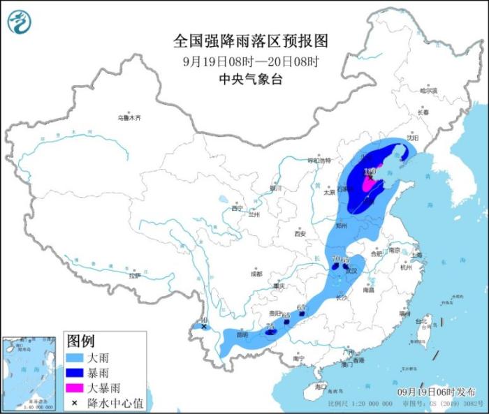 全国强降雨落区预报图(9月19日08时-20日08时)