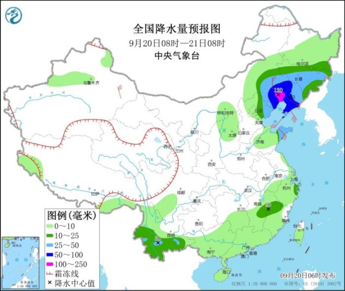 图2 全国降水量预报图(9月20日08时-21日08时)