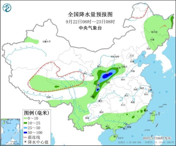 全国降水量预报图(9月22日8时-23日8时)