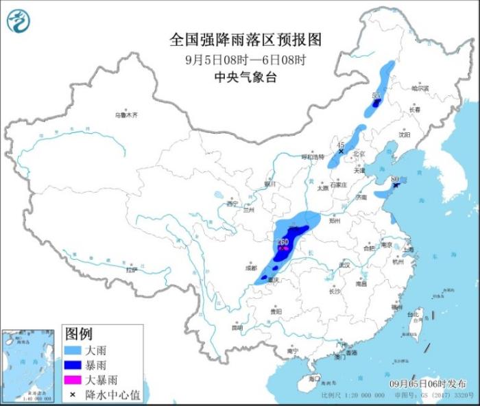 全国强降雨落区预报图(9月5日08时-6日08时)