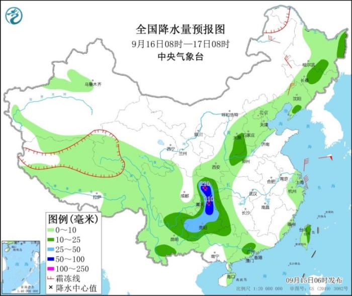 全国降水量预报图(9月16日8时-17日8时)