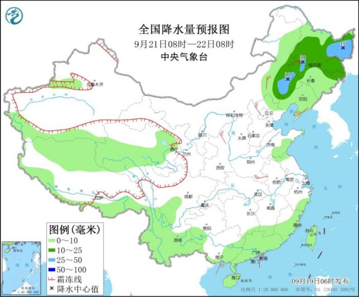 全国降水量预报图(9月21日08时-22日08时)