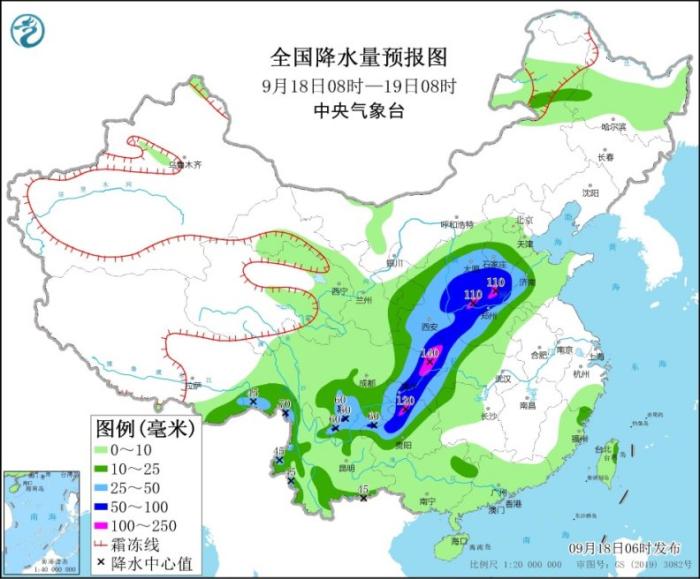 全国降水量预报图(9月18日8时-19日8时)