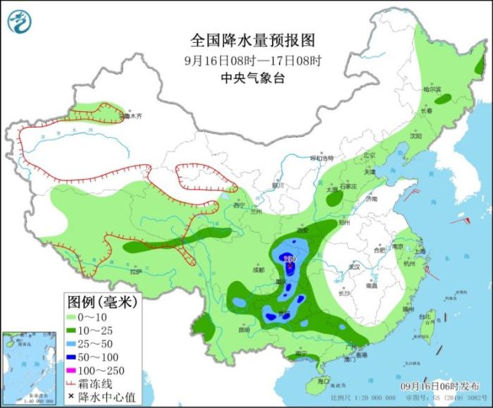 全国降水量预报图(9月16日8时-17日8时)