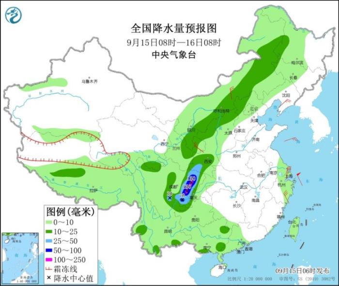 全国降水量预报图(9月15日8时-16日8时)