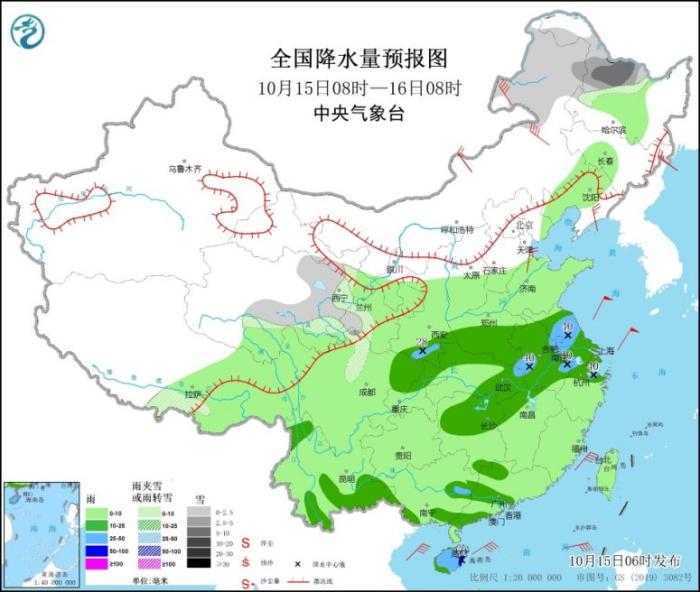 全国降水量预报图(10月15日08时-16日08时)