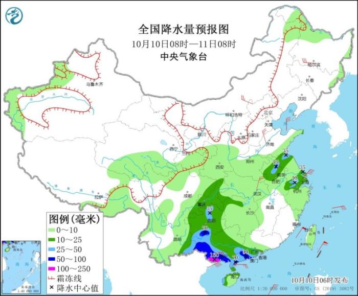 全国降水量预报图(10月10日8时-11日8时)