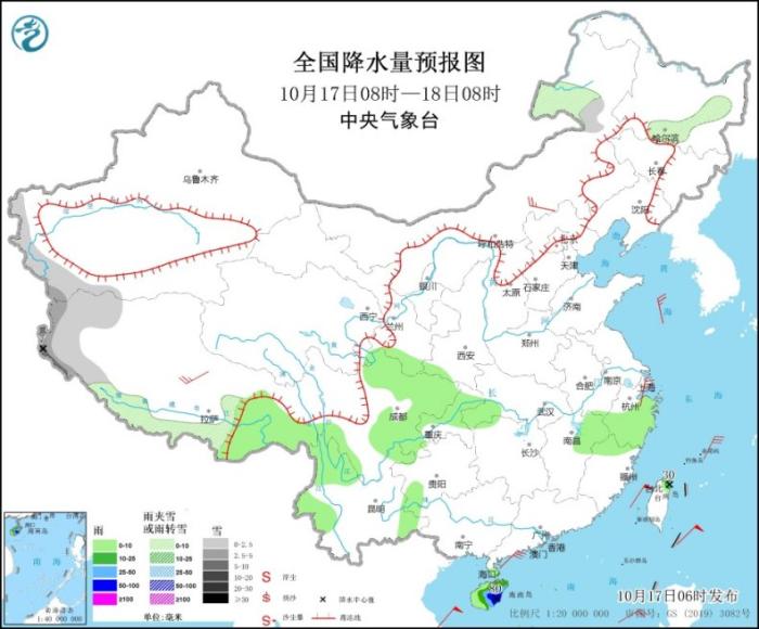 图1 全国降水量预报图(10月17日08时-18日08时)。(图片来源：中央气象台网站)