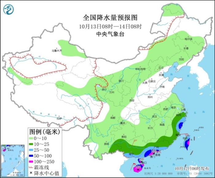 图3 全国降水量预报图(10月13日08时-14日08时)