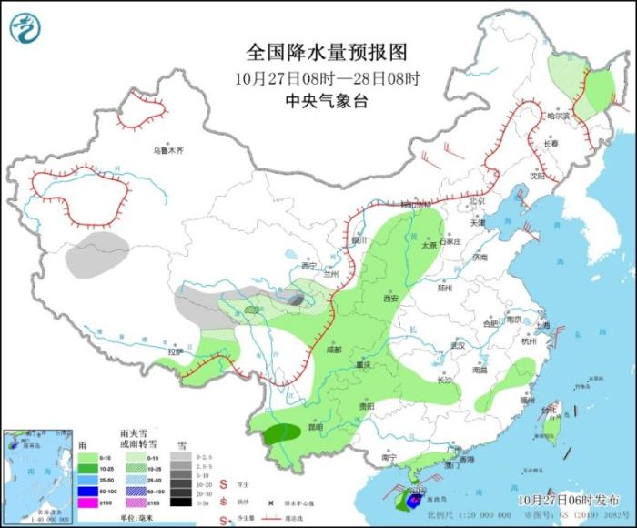 图1 全国降水量预报图(10月27日08时-28日08时)