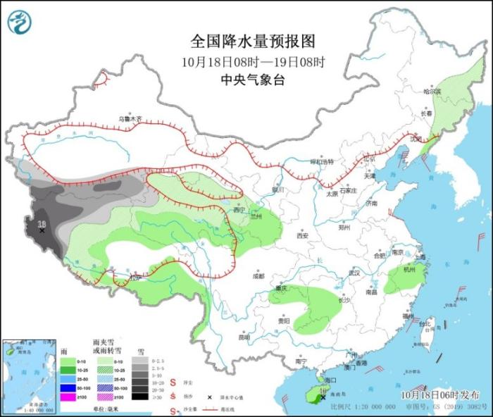 图1 全国降水量预报图(10月18日08时-19日08时)