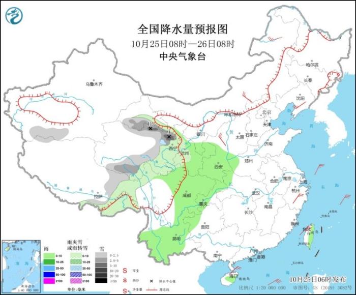 全国降水量预报图(10月25日08时-26日08时)