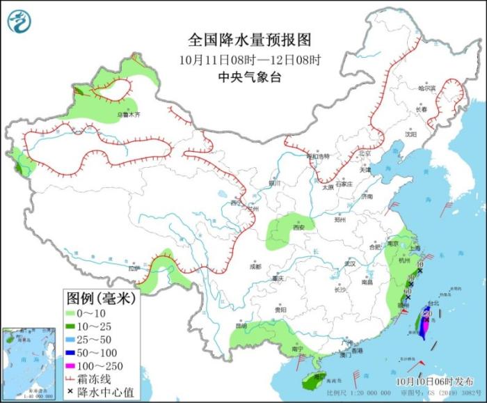 全国降水量预报图(10月11日8时-12日8时)