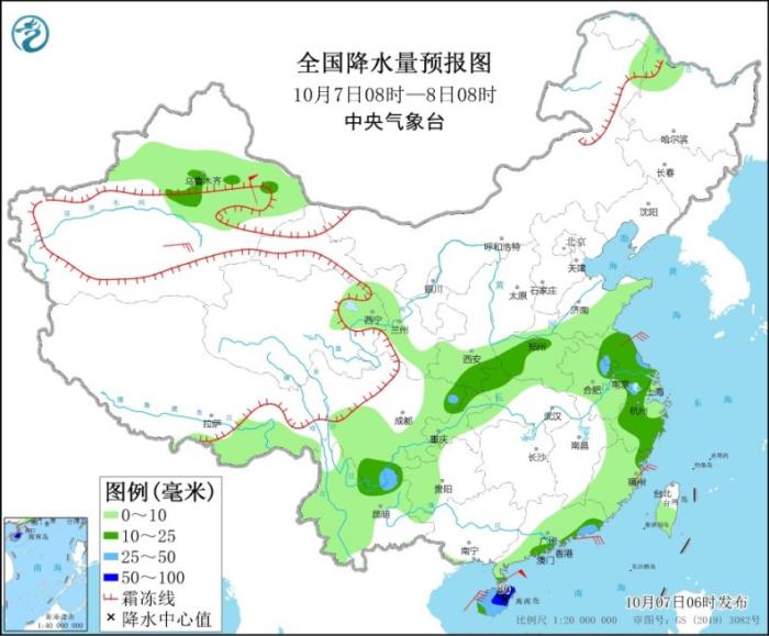 图1 全国降水量预报图(10月7日08时-8日08时)