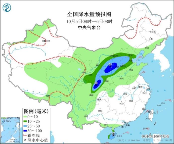 全国降水量预报图(10月5日08时-6日08时)