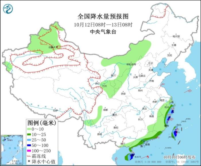 全国降水量预报图(10月12日8时-13日8时)