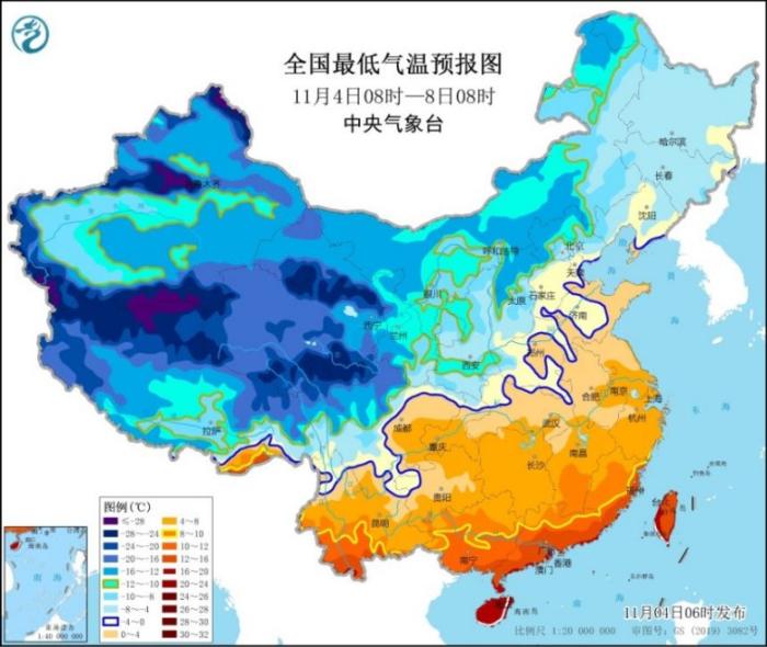 图2 全国最低气温预报图(11月4日08时-8日08时)