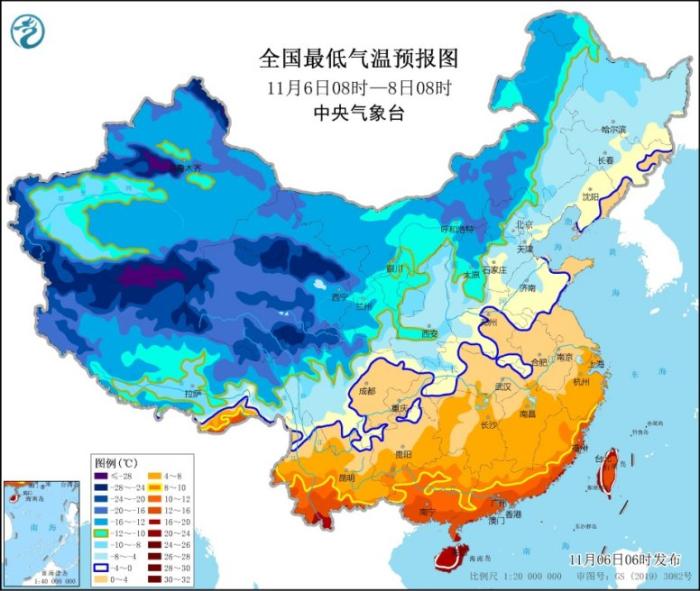 图2 全国最低气温预报图(11月6日08时-8日08时)