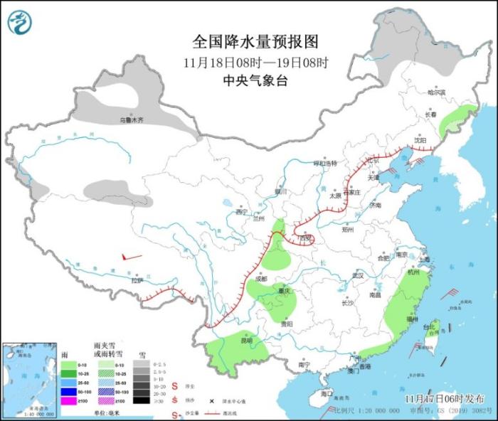 图3 全国降水量预报图(11月18日08时-19日08时)